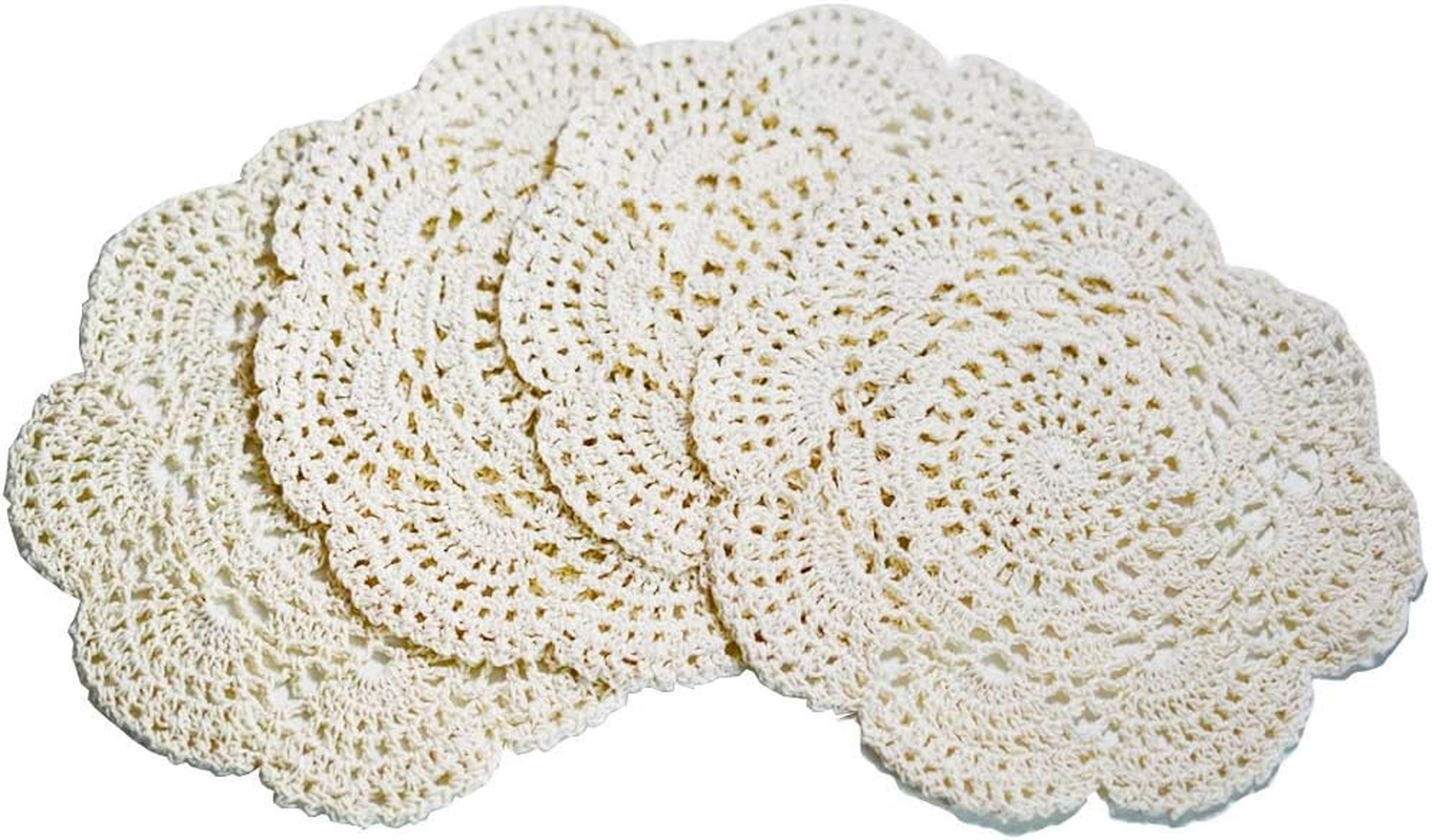 8 Inch Doilies Crochet Round Lace Doily Handmade Placemats 100% Cotton Crocheted Coasters, Pack of 4 (Beige)