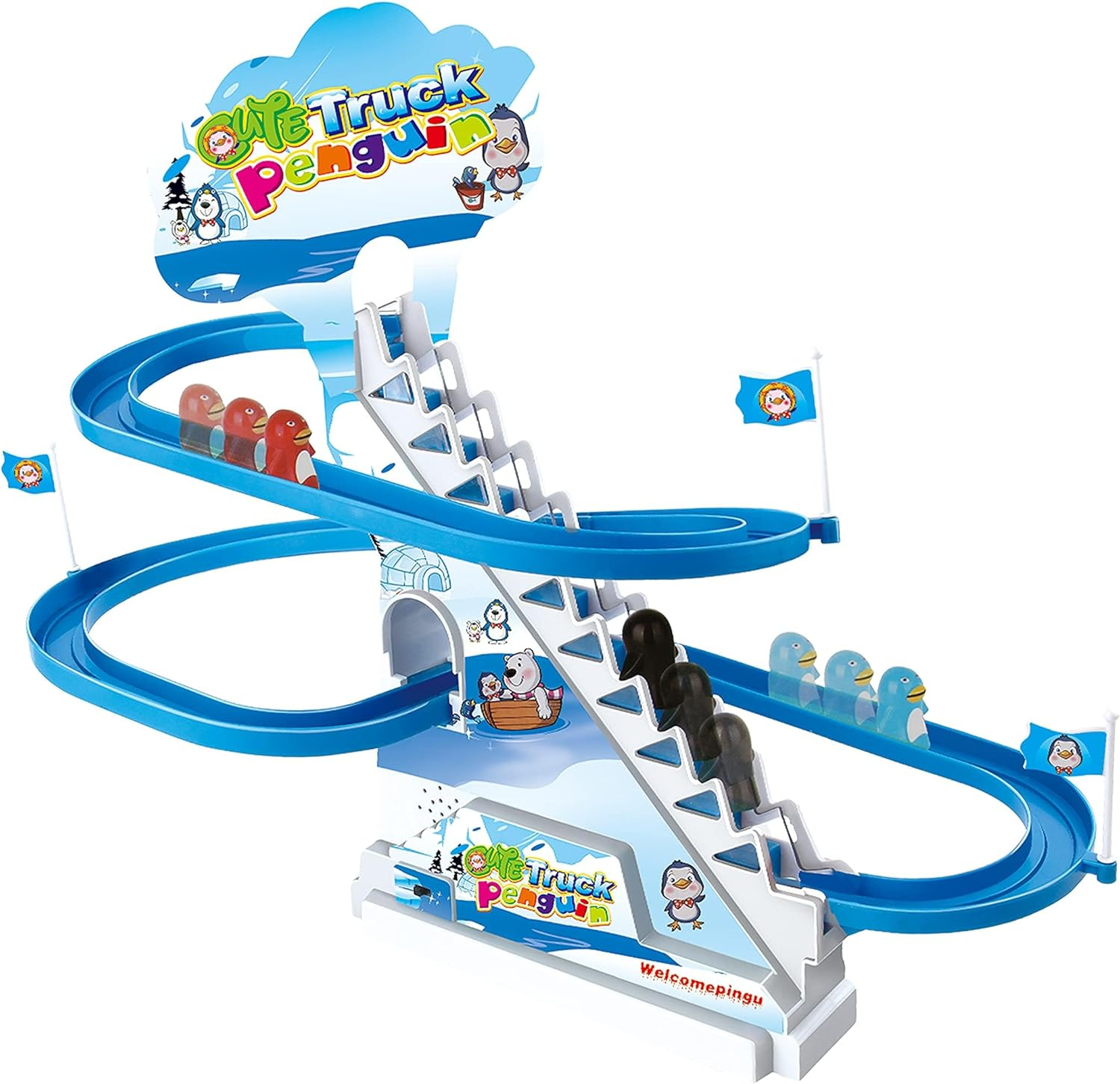 Penguin Race Game Toy Playful Musical Roller Coaster Track Playset with Music & LED Flashing Lights On/Off Button for Toddlers and Kids Gift