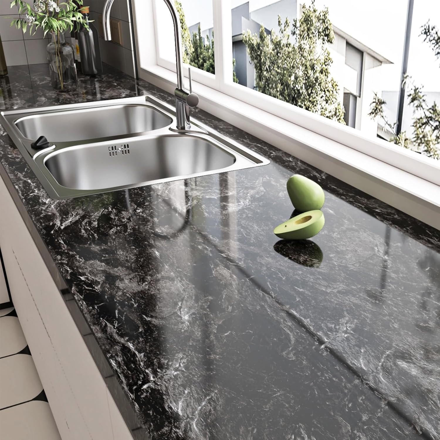 Glossy Black Marble Contact Paper for Countertop Peel and Stick Countertops 15.8