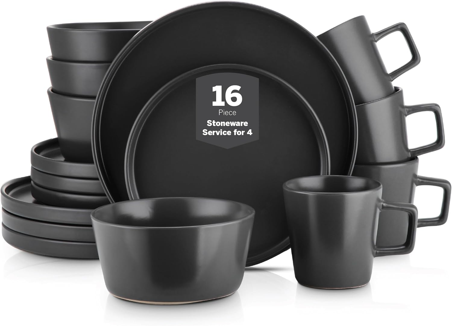 Celina Stoneware 16 Piece Dinnerware Set, Plates and Bowls, Black