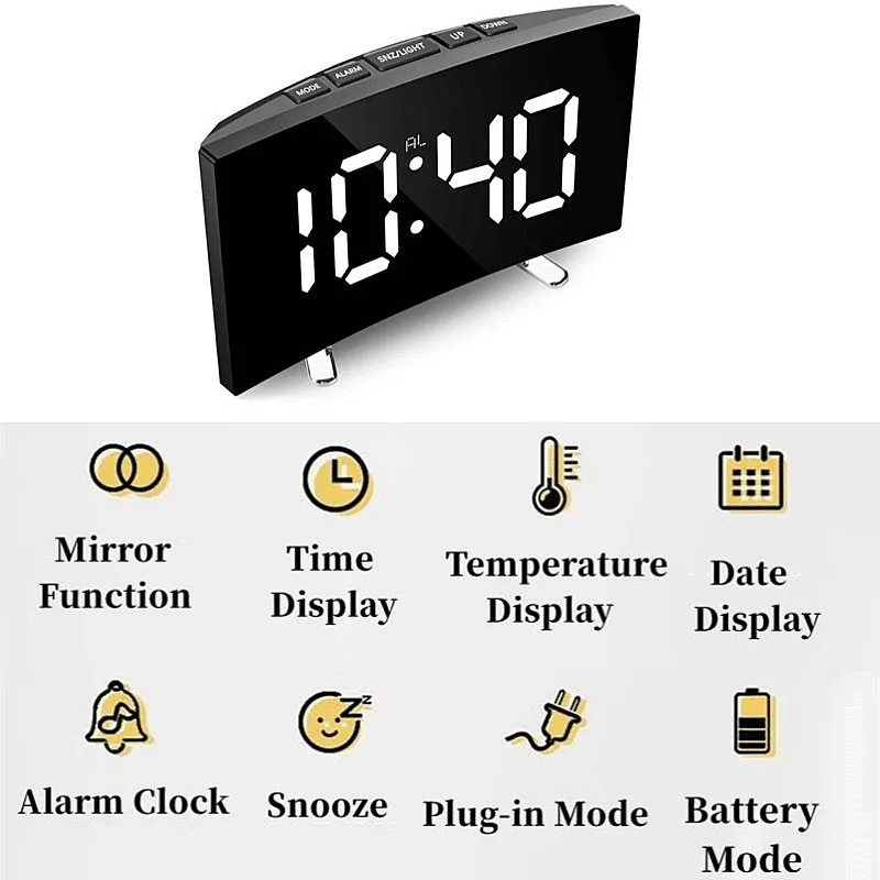 Mirror Digital Alarm Clock Temperature Date 2 Levels of Brightness Adjustment Snooze Table Clock 12/24H Night Mode LED Clock