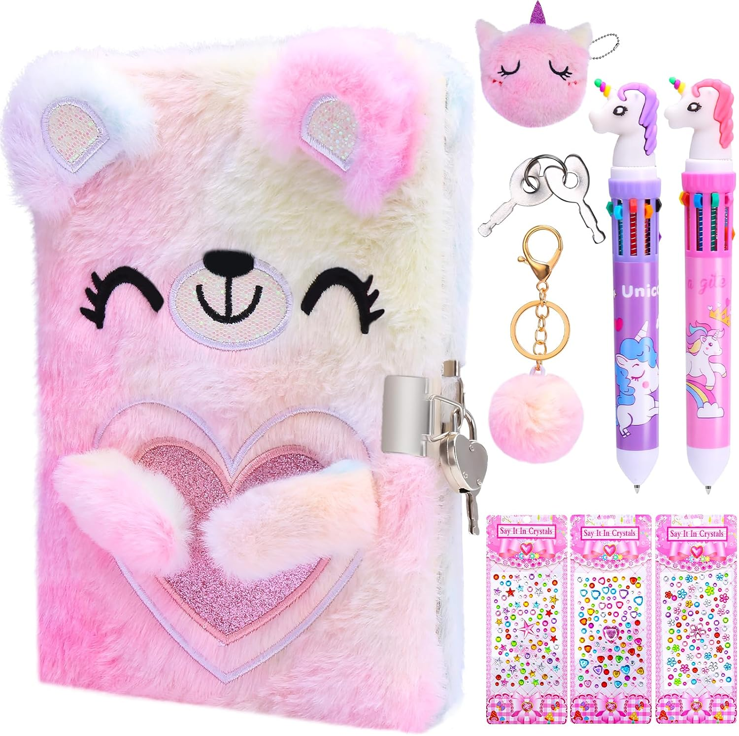 Diary with Lock for Girls‘S Secret Fluffy Notebook and Pen Stationary Sets for Girls Teenager Kids with Coin Purse Keychain Stickers Ballpoint Pen Kids Writing Pink Stationary Sets