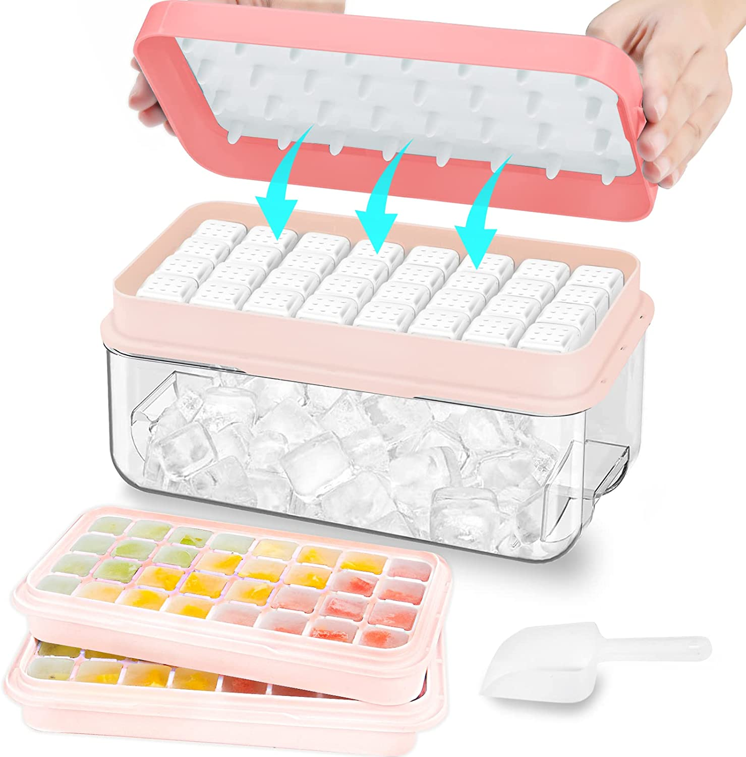 Ice Cube Tray Kit with Lid, Bin, and Scoop - Pink - 2 Layers