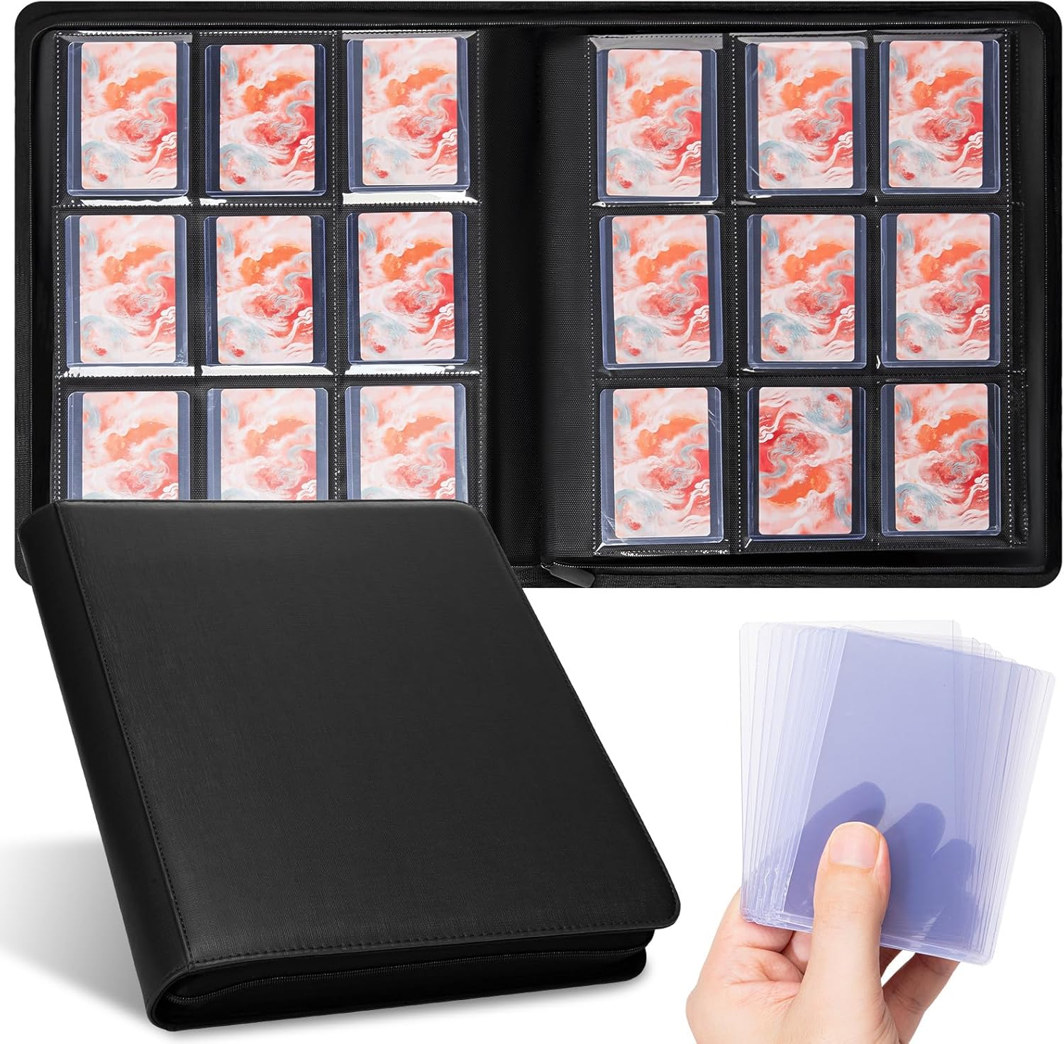 Top Loader Binder - 9 Pocket, Holds 252 Toploaders, 9 Toploaders Included, Card Storage for Trading Cards in 3 X 4'' Toploader, Premium Zippered PU Toploader Binder for TCG, Sports Cards