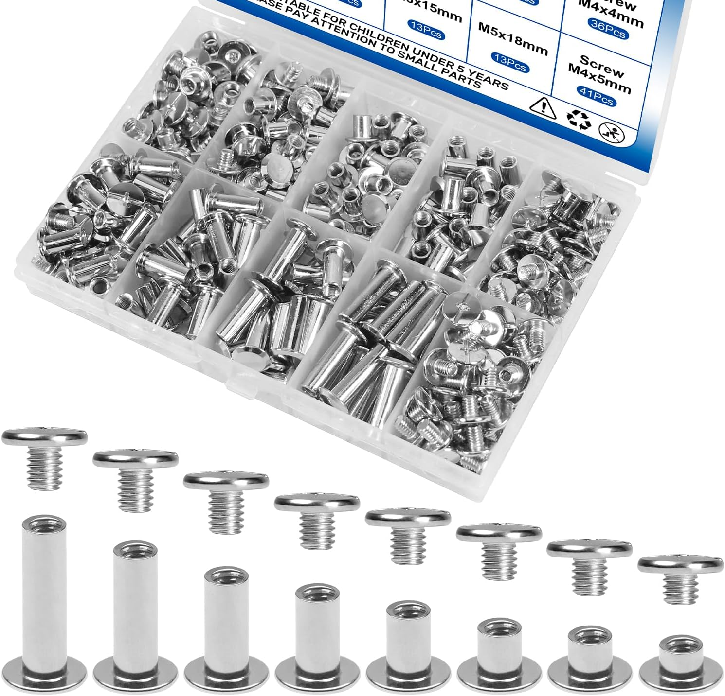 130 Sets Silver Chicago Screws Leather Rivets Kit, 8 Sizes Binding Screws