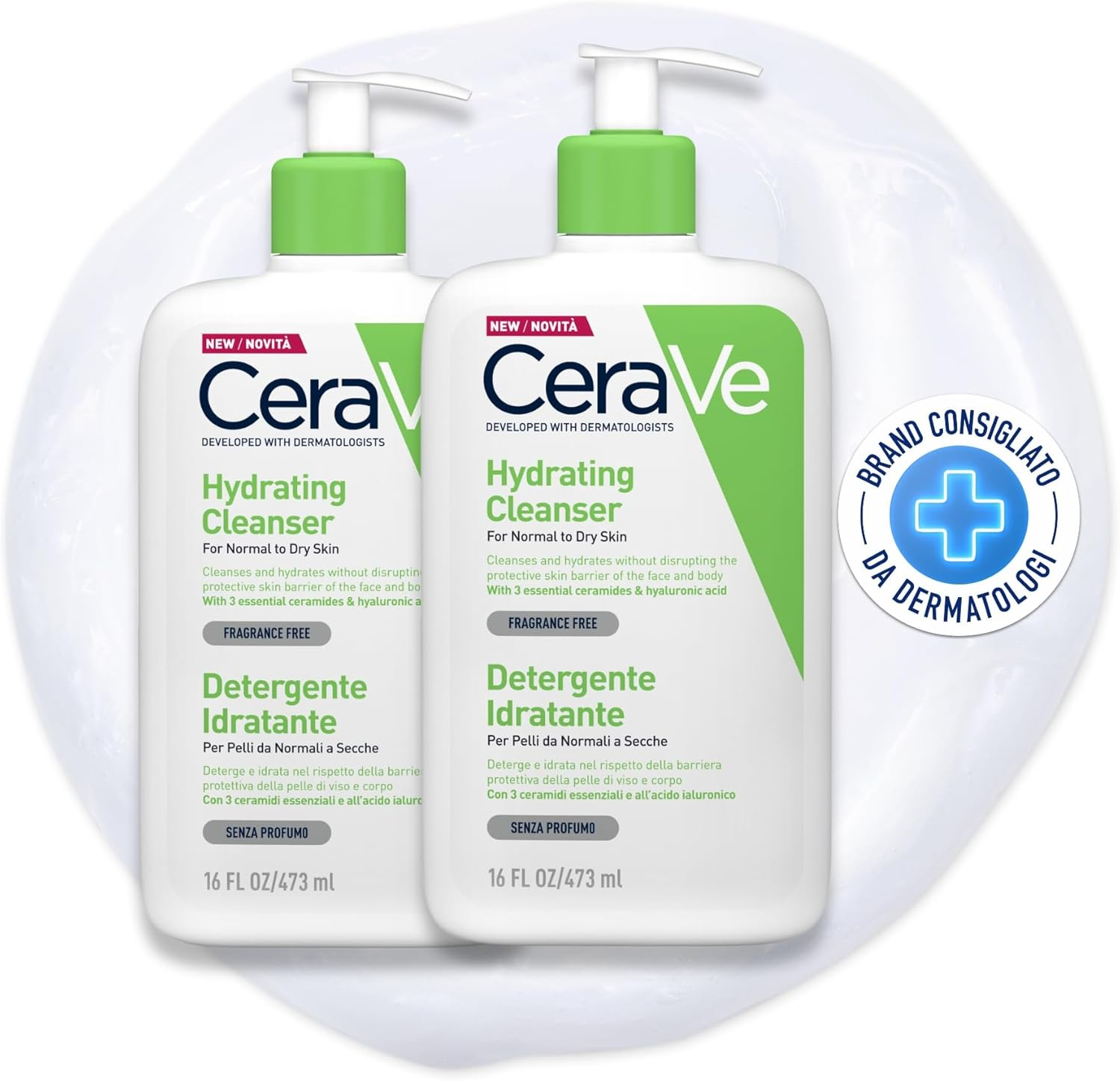 Cerave Detergente Idratante Viso, per Pelli Da Normali a Secche, Pulizia E Idratazione Profonde, Con Acido Ialuronico E Ceramidi, 2 X 473 Ml