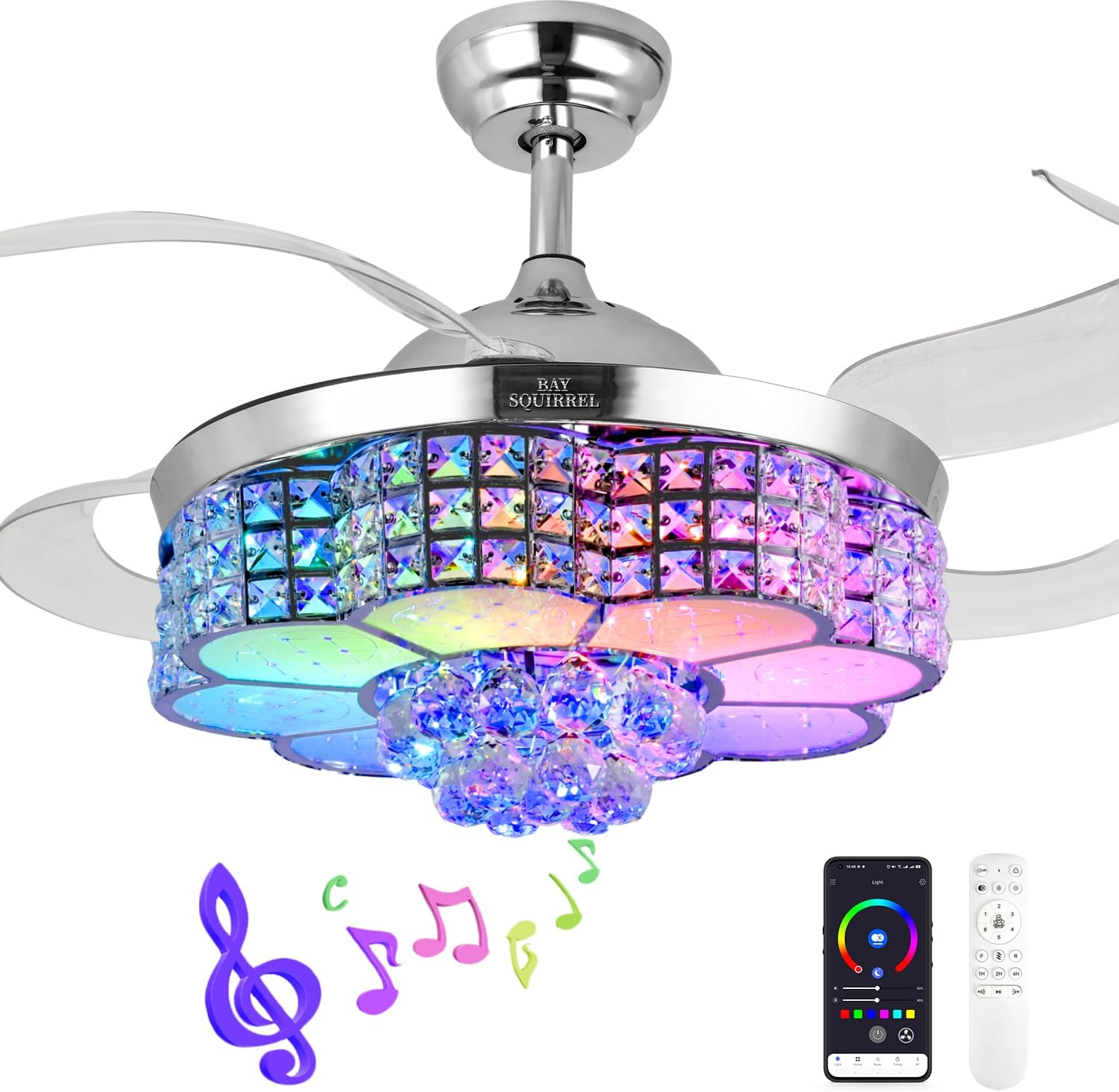 BAYSQUIRREL Retractable Ceiling Fan with Light and Remote/App Control, Bluetooth Ceiling Fans with Speaker, RGB-LED Light 6 Speeds Reversible Blades,Flush Mount Chandelier Crystal Ceiling Fan