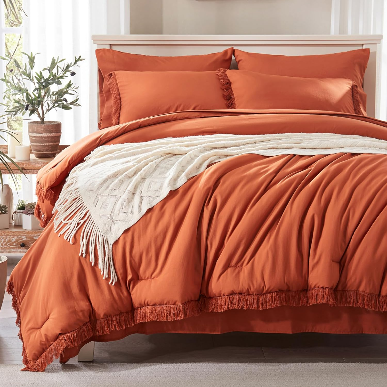 Queen Comforter Set 7 Piece with Sheets, Burnt Orange Boho Bed in a Bag Queen, Lightweight Terracotta Bedding Sets