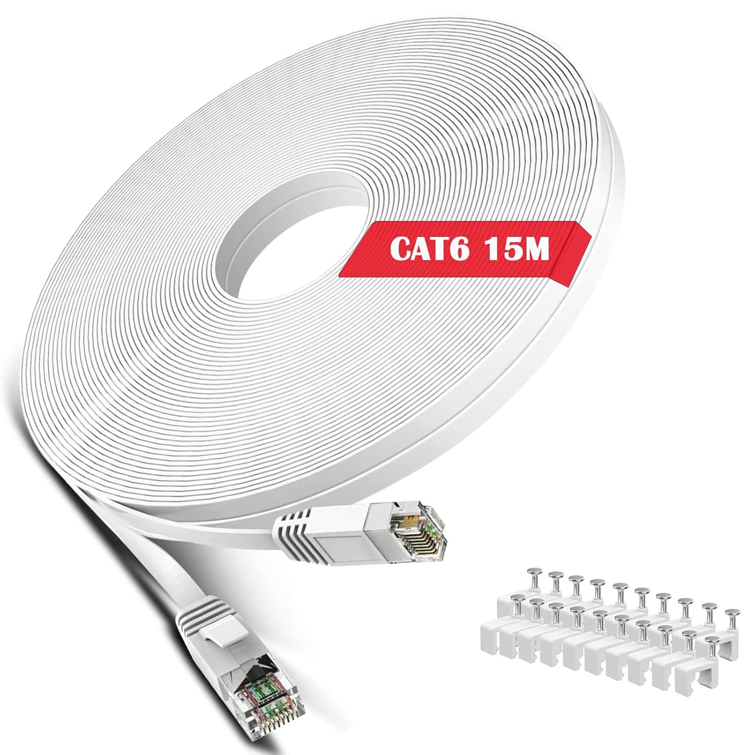 Cat 6 Ethernet Cable 50 Ft White - Flat Internet Network LAN Patch Cords – Solid Cat6 High Speed Computer Wire with Clips& Snagless Rj45 Connectors for Modem, Router