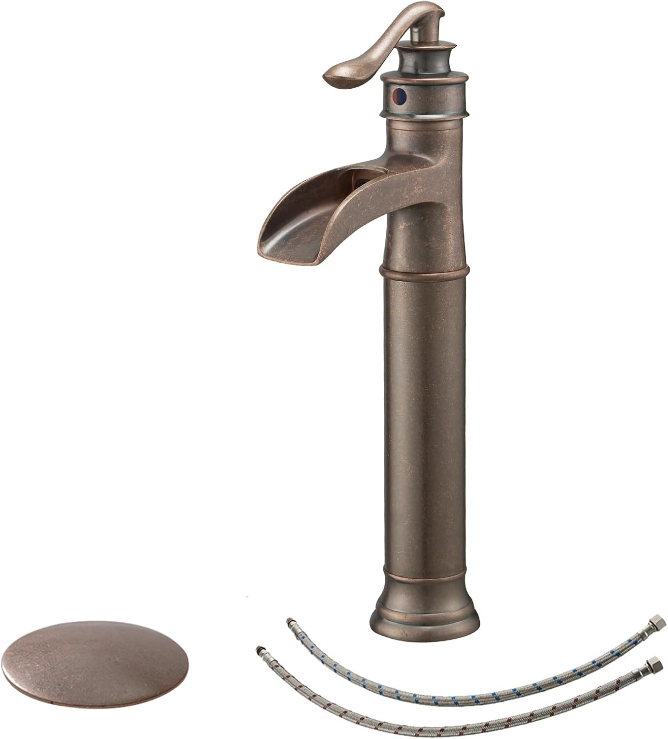 Vessel Sink Faucet Waterfall Antique Copper Single Hole with Pop up Drain Stopper without Overflow and Supply Lines One Handle Vanity Basin Bath Sink Mixer Tap