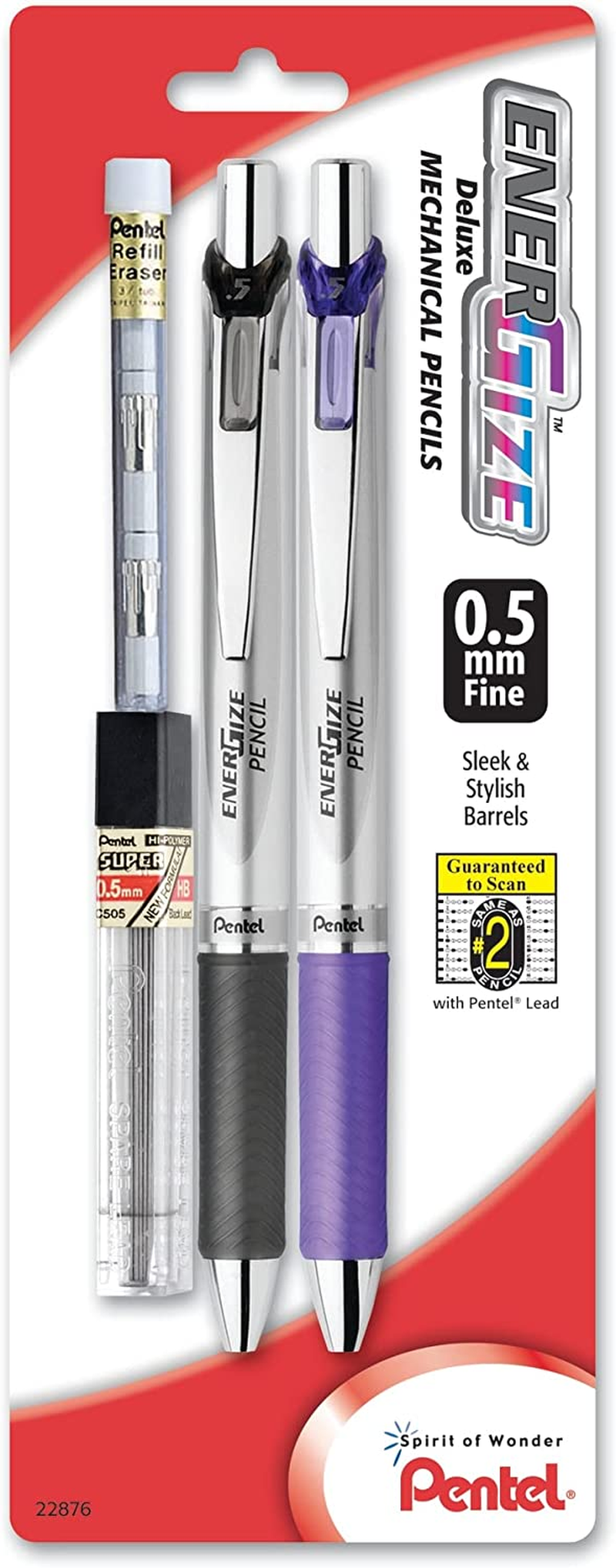 Energize Automatic Pencil with Lead and Erasers, 0.5Mm, Assorted, 2 Pack (PL75LEBP2)