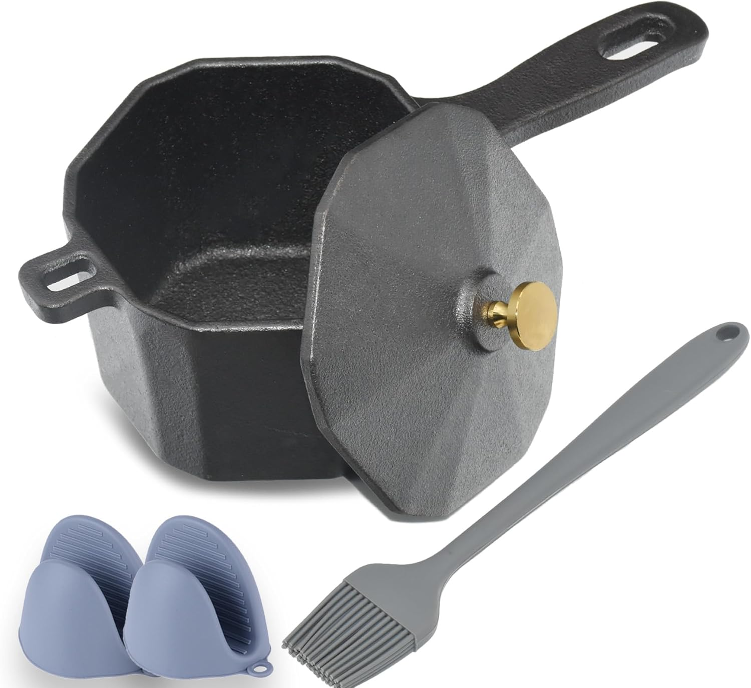 Cast Iron Sauce Pot with Lid, Premium Small Cast Iron Melting Pot & Silicone Basting Brush, Castiron Sauce Pan for Grilling, Camping Cookware, Stoves, Mini Pans for BBQ Braising Grill Oven
