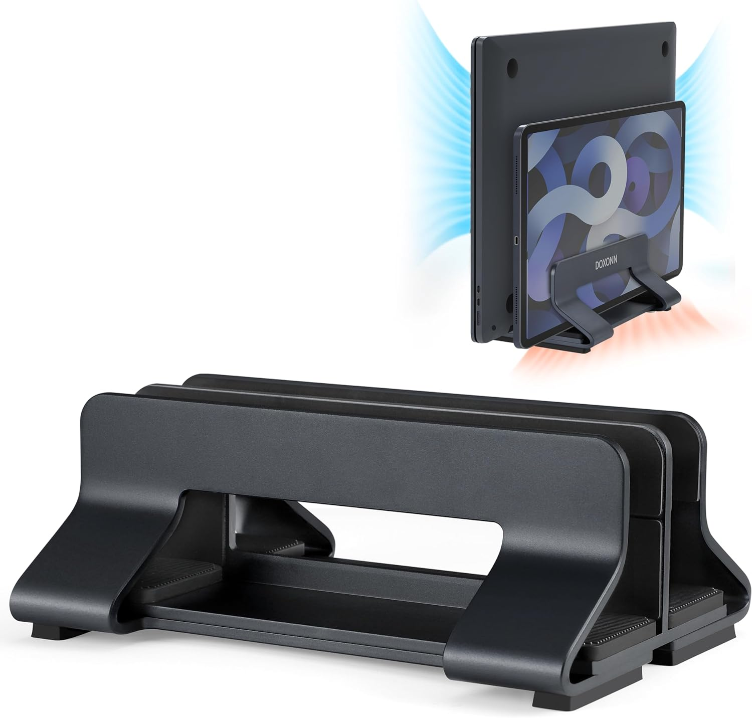 Aluminum Dual Vertical Laptop Stand Dock Holder, Supports 2 Devices, Adjustable Slot Width 12-36mm, Space-Saving Upright Storage for MacBook and Laptops