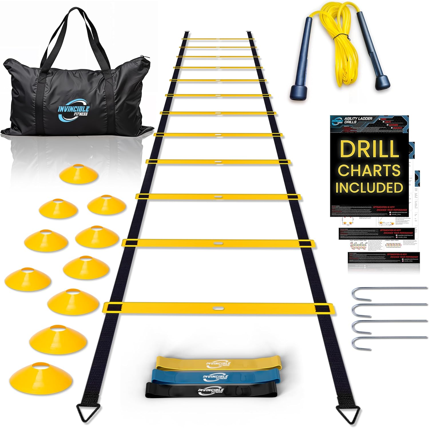 Agility Ladder Full Training Equipment Set, Improves Coordination, Speed, Power and Strength, Includes 10 Cones 4 Hooks and 3 Loop Resistance Bands for Outdoor Workout