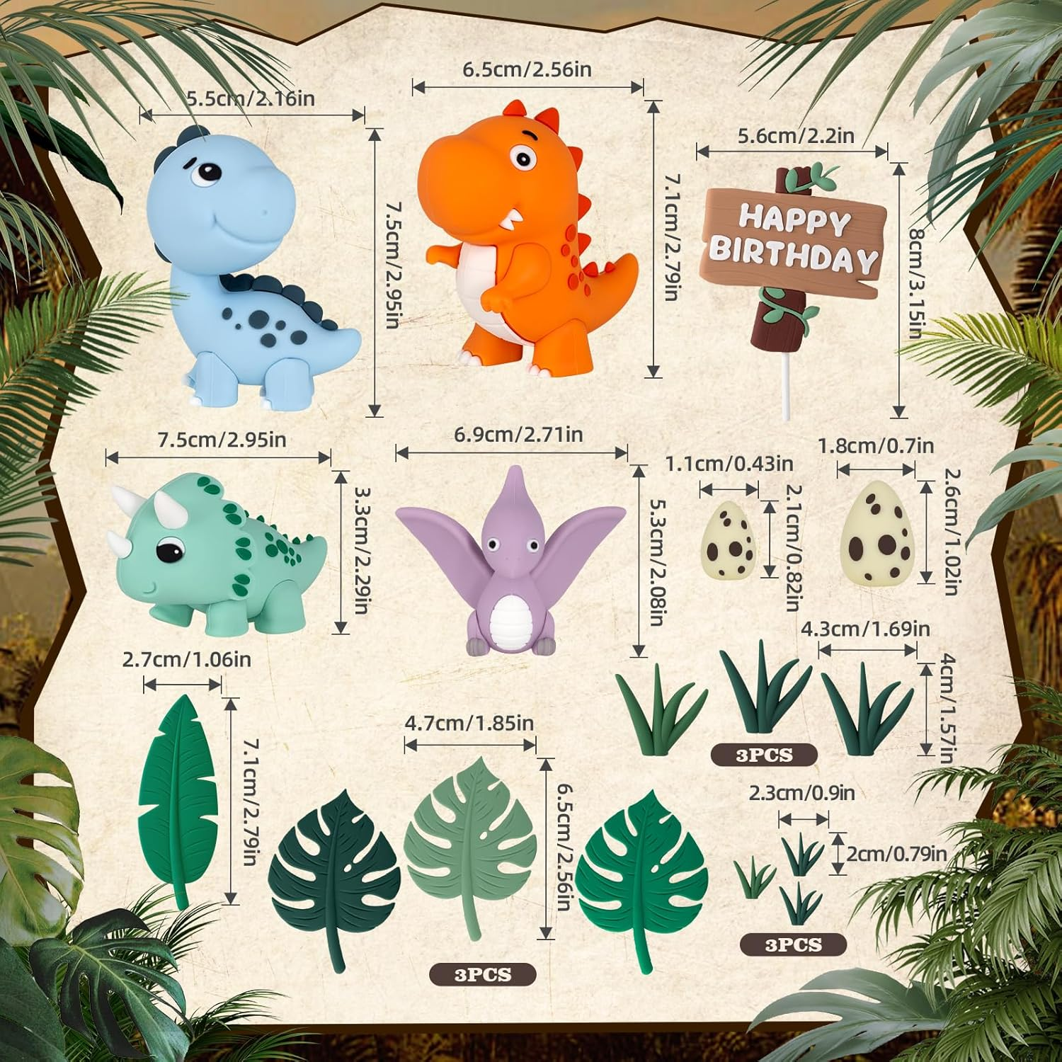 17PCS Dinosaur Cake Topper, Dinosaur Eggs Leaves Grasses Cake Decorations wit... - Picture 3 of 15