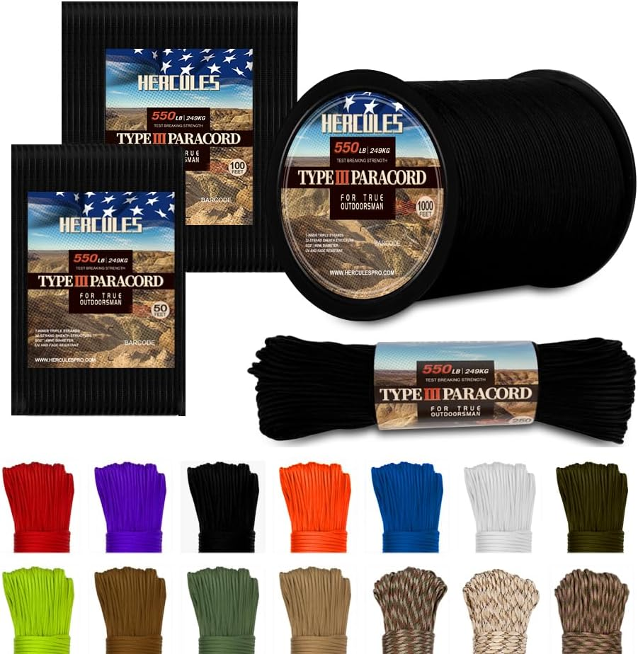 Type III Paracord 550 Rope Parachute Cord, 100' Black for Survival Rope,