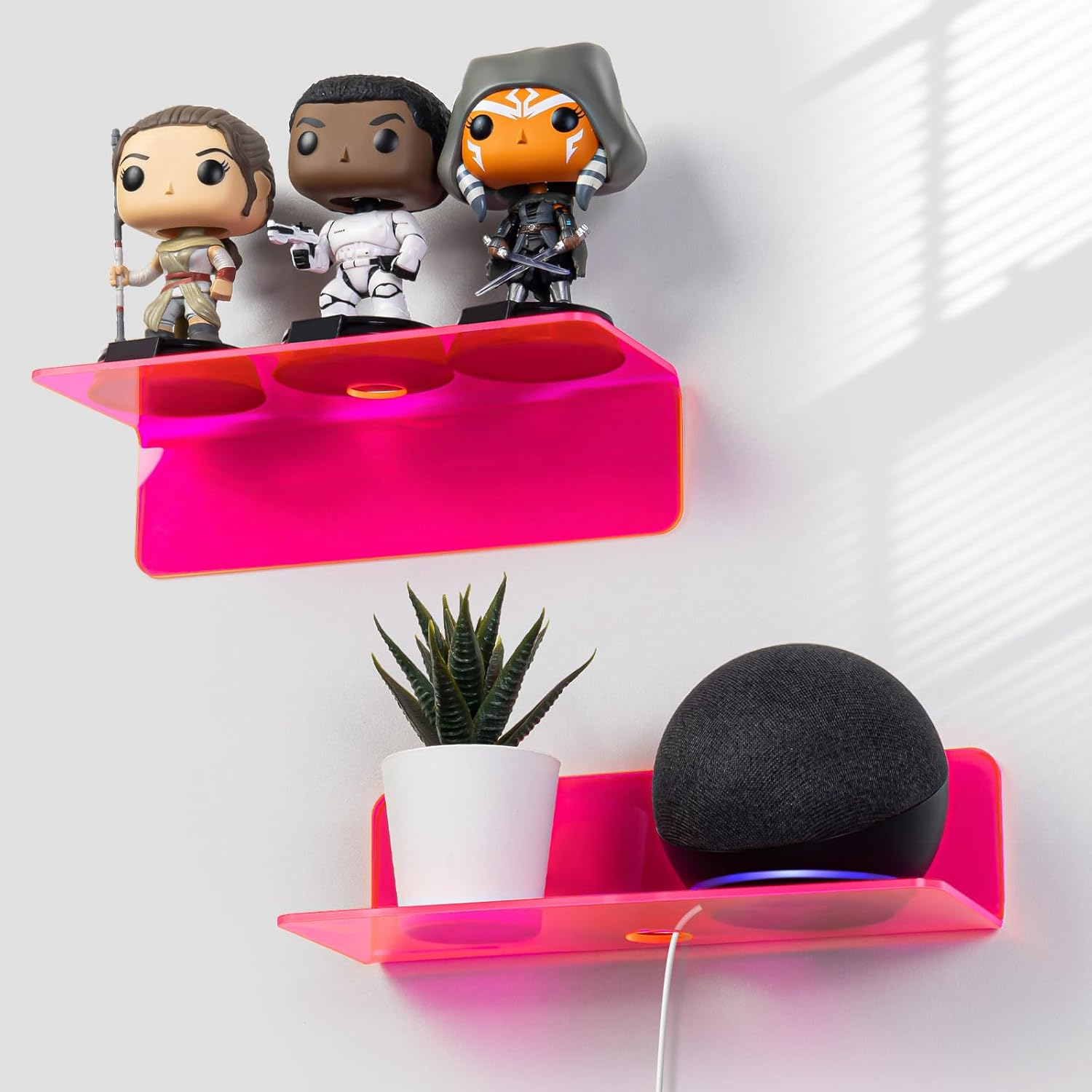 Acrylic Floating Shelves Set of 2 - Easily Expand Wall Space - Small Wall Shelf with Strong Adhesive for Bedroom, Kids' Room, Bathroom, Etc (Fluorescent Pink)