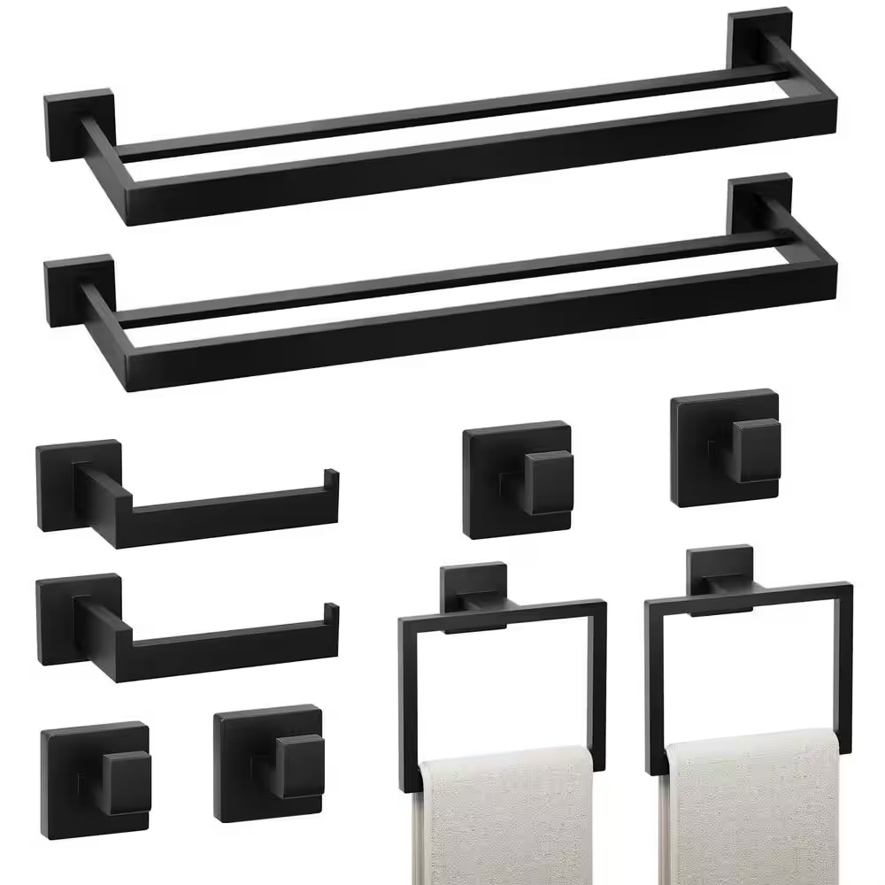 10-Piece Bathroom Hardware Set with Double Towel Bars, Towel Ring, Toilet Paper Holder and Hooks in Matte Black