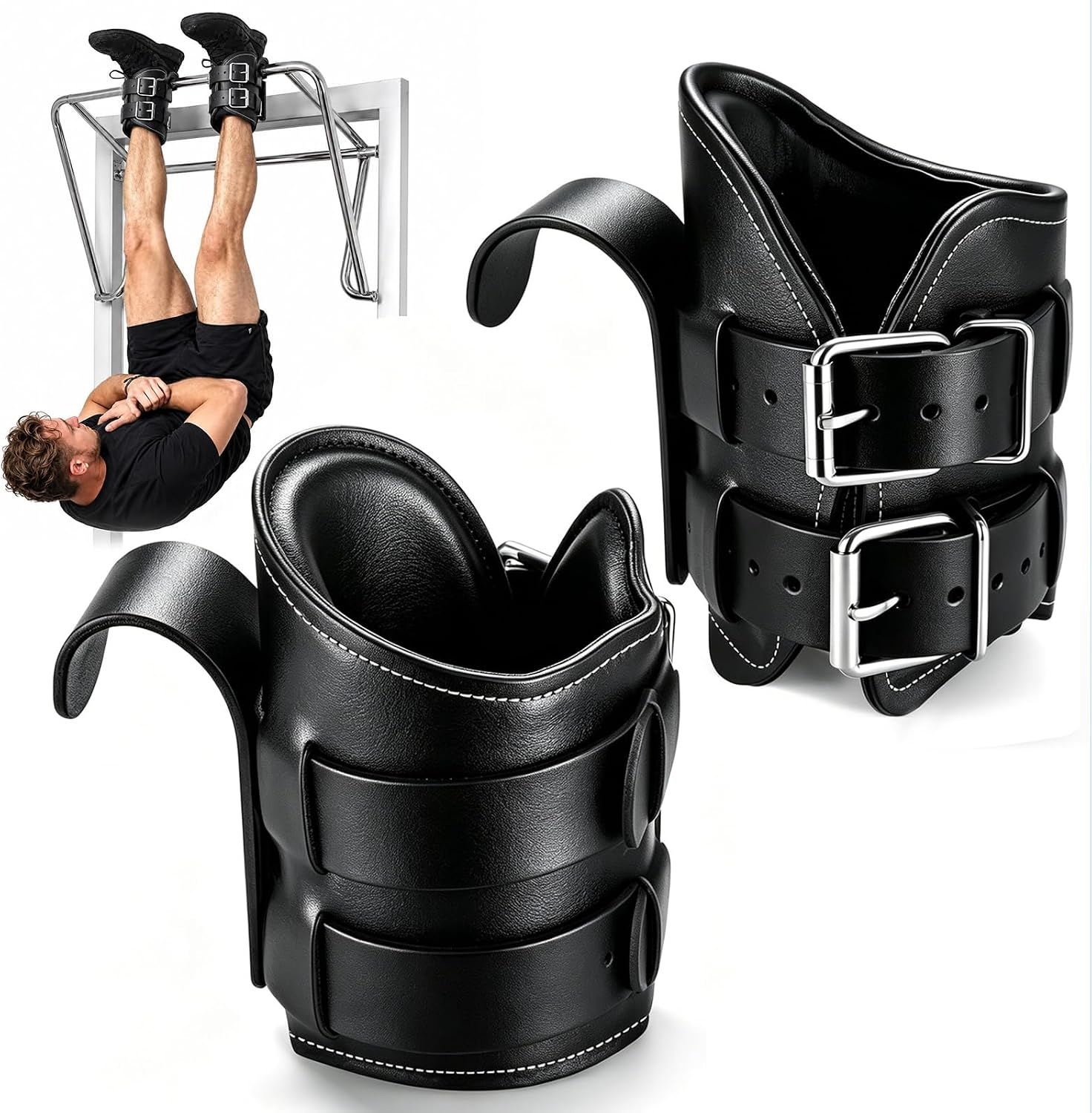 Gravity Inversion Boots for Back Pain Relief, PU Leather Cushioned Ankle Support with Adjustable Double-Lock Buckles, Hanging Inversion Boots for Pull up Bar, Spine Decompression & Core Training.