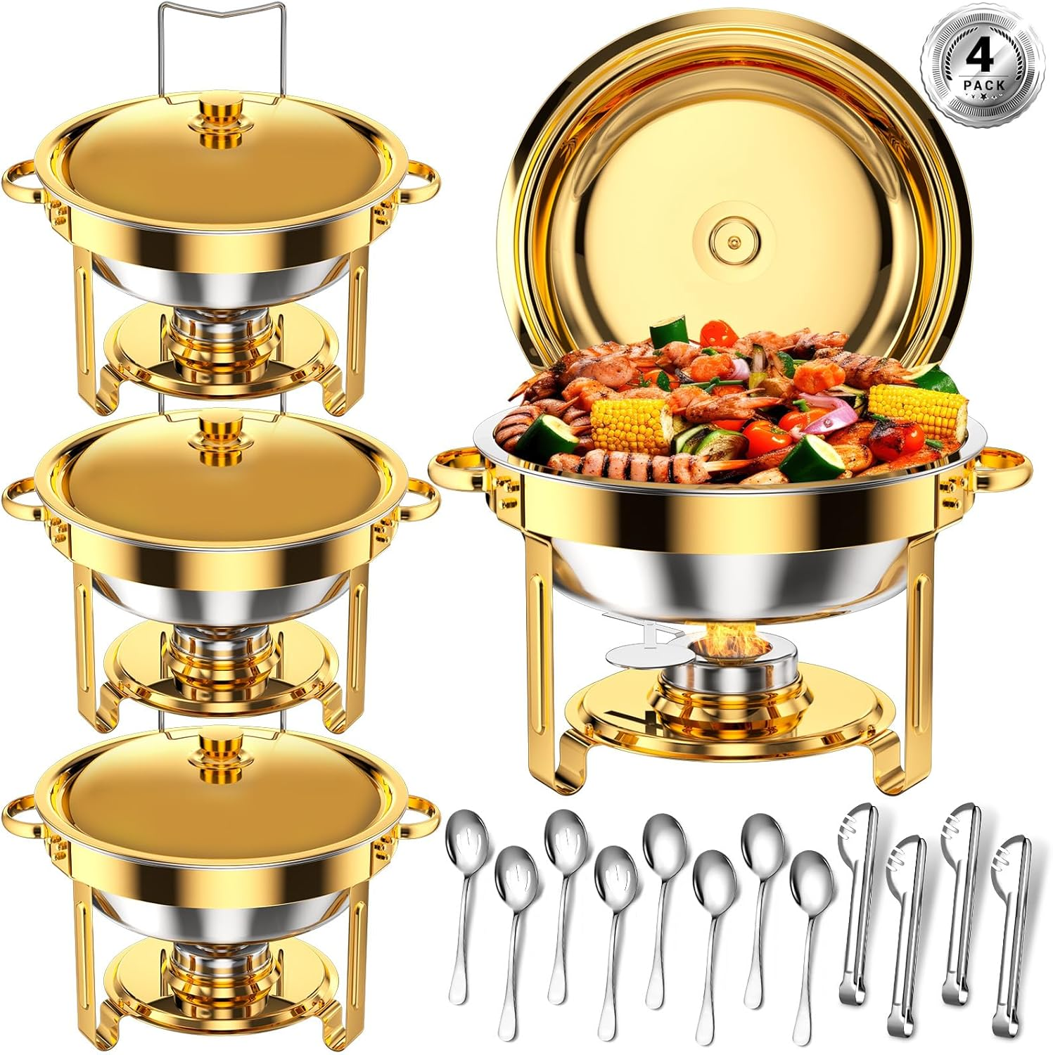 Gold Round Chafing Dishes Set, 5 Qt Buffet Warmers for Parties & Events, 4 Pack