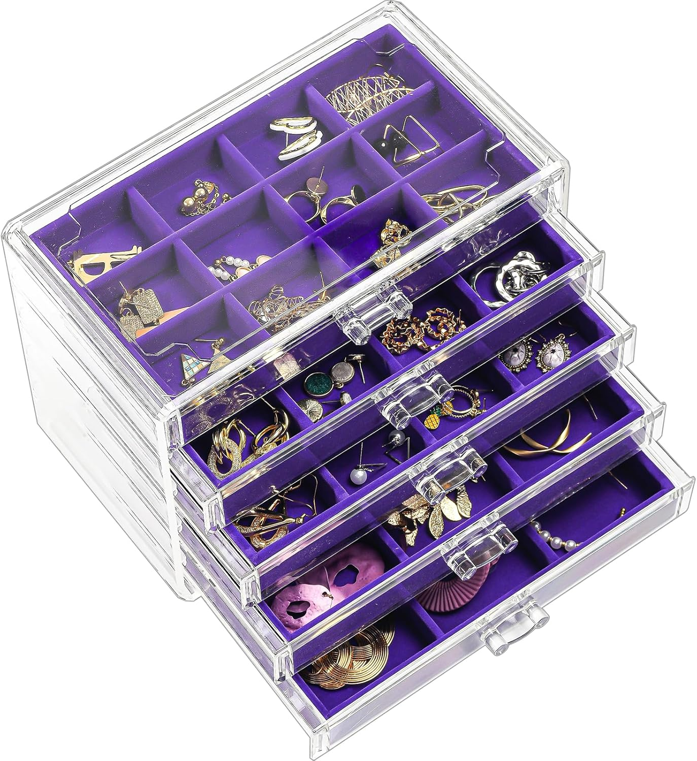 Earring Holder Organizer Jewelry Box with 5 Drawers, Acrylic Clear Earring Case with Adjustable Velvet Trays for Women - Purple, 5 Layers