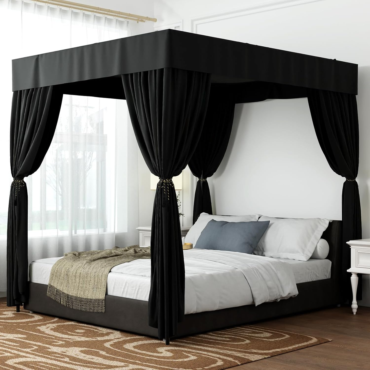 Hvqic Black Canopy Bed Curtains - 4 Corner Post Bed Curtains King Bed Curtain... - Picture 6 of 17