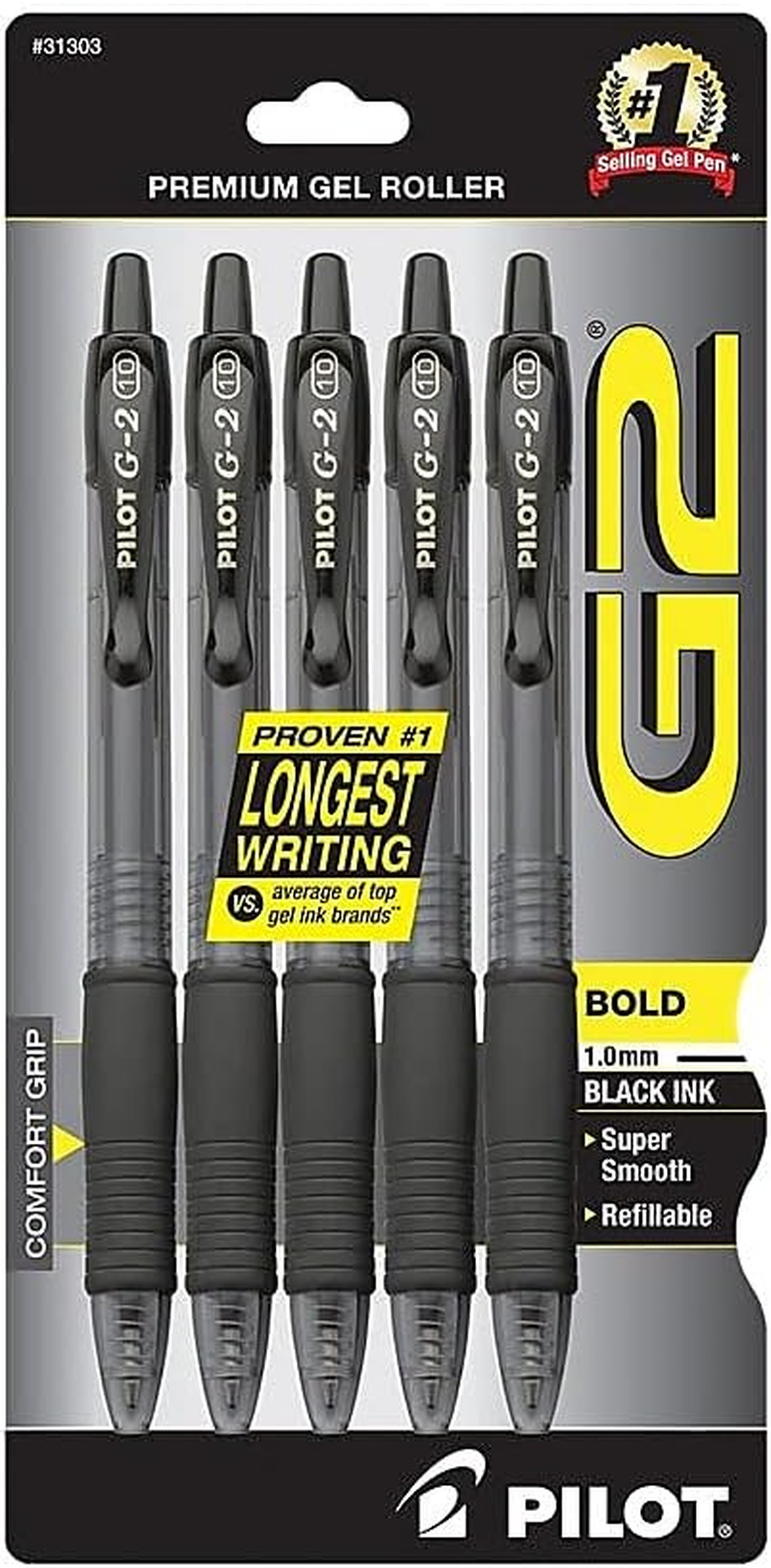 G2 Premium Gel Pens, Black Pens, Bold Point 1 Mm, Pack of 5, Black