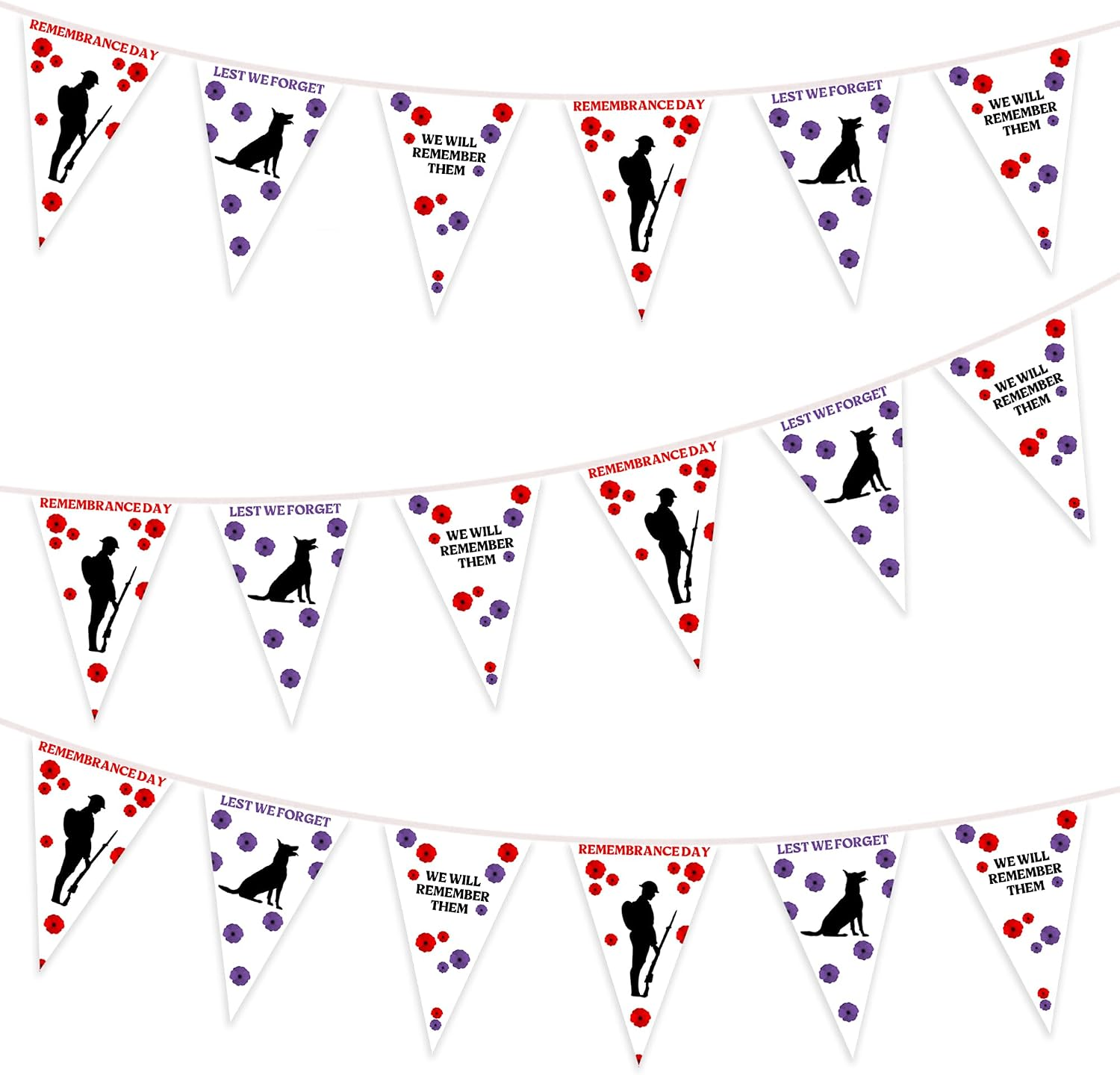 10m Lest We Forget War Animals Memorial Bunting, Red & Purple Poppy Bunting