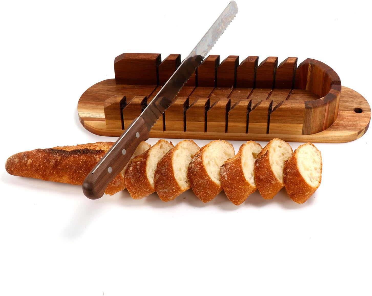 Acacia Wood Baguettes Slotted Cutting Guides Mitered Bread Board,French Bread Baguettes Cutting Board Bread Slicer with Bread Knife Storage Bag