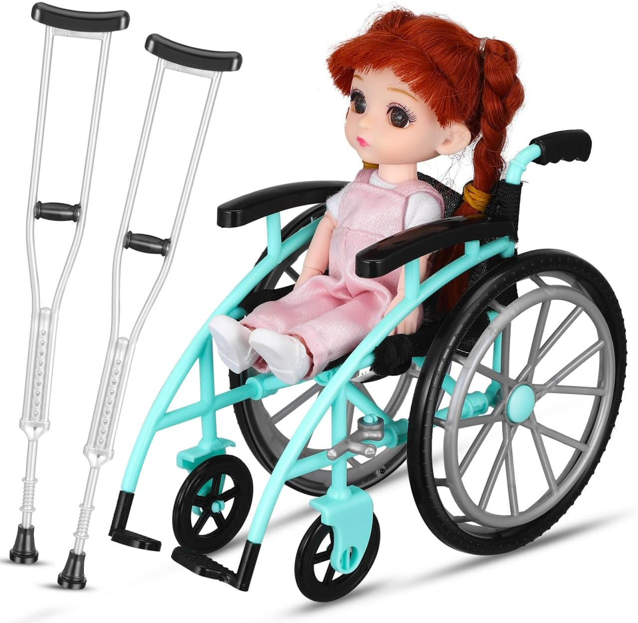 Ifundom Doll Wheelchair and Crutches Playset Miniature Wheelchair Model with Mini Crutch for Dollhouse Accessory Mini House Decor Role Play Scene