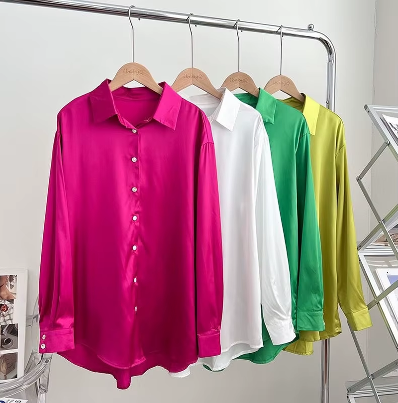 Fashion Casual Satin POLO Collar Single Breasted Long Sleeve Irregular Shirt Top Women Fall