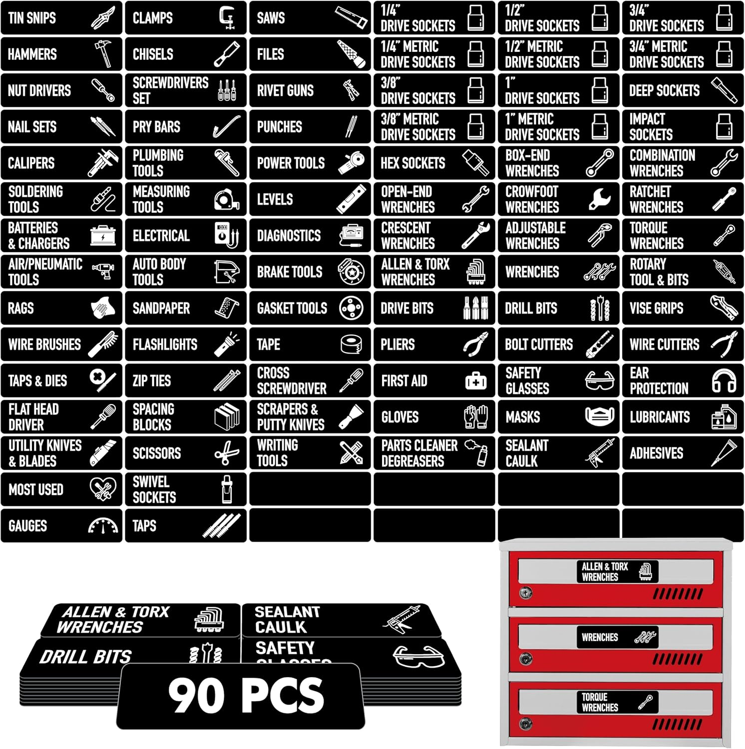 90 PCS Magnetic Toolbox Labels, 82 Pre-Printed & 8 Blanks Large Size Tool Chest Organizer Labels Strong Magnetic & Easy to Read Printing Fits All Brands of Steel Tool Box Drawers (Black, 3.5” X 1”)