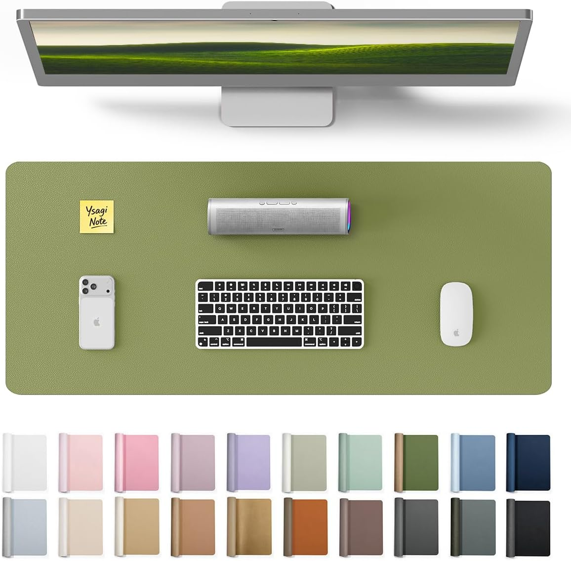 Ysagi Leather Desk Protector, Office Mat, Large Mouse Mat, Non-Slip PU Leather Blotter, Laptop Desk Pad, Waterproof Writing Pad for Office and Home (Green, 23.6