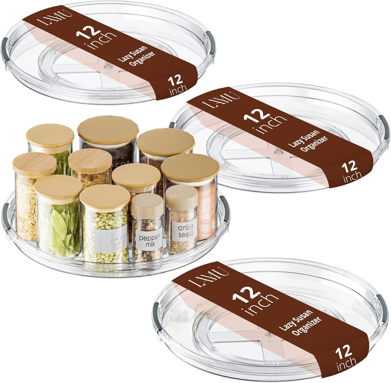 12 Inch Lazy Susan Turntable, 360Â° Rotating Organizer Storage for Cabinet & Table Top, Pantry, Fridge, Bathroom, 4 Pack Clear Spice Rack, Kitchen Storage Tray for Medicine & Countertop