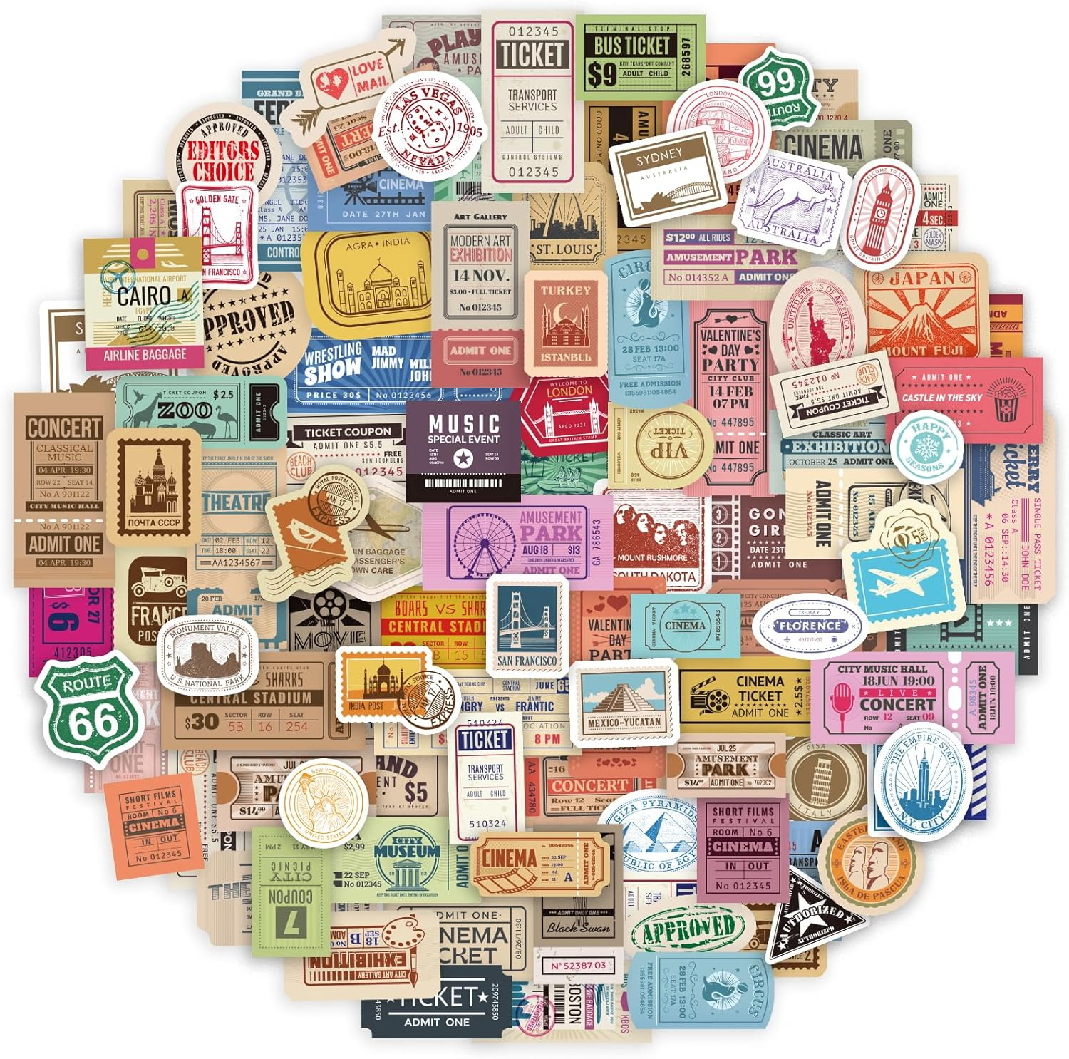 300 Pcs Vintage Travel Stickers Ticket Stickers for Journaling,Luggage Sticker Stub Vintage Sticker for Junk Journal Crafts Laptop Water Bottle Album Scrapbook