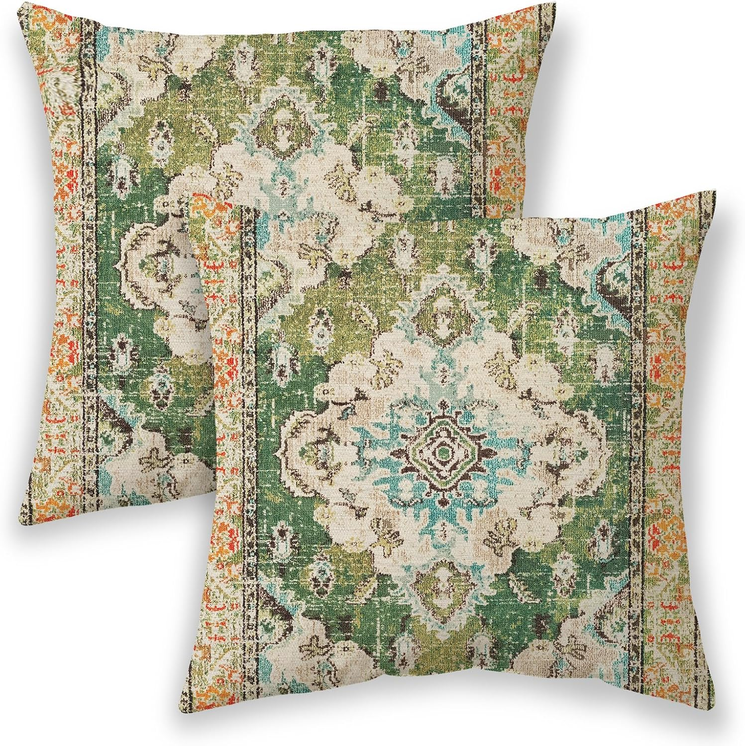 Boho Pillow Covers 18x18, Olive Green Ethnic Design Outdoor Decorative Throw Pillows for Couch, Carpet Pattern Decor Cushion Cover 2 Pcs Farmhouse Linen Pillowcase for Bed Car Safa