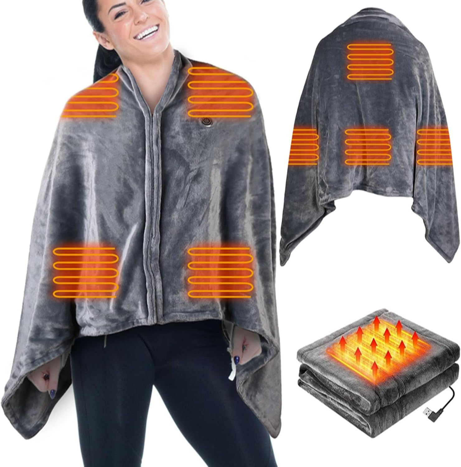 Electric Heated Blanket USB Heated Blanket Electric Heated Blanket Heated Poncho Shawl Wrap Throw with Zipper for Home Office 59 * 31In Electric Heated Poncho Shawl Wrap Throw/Grey