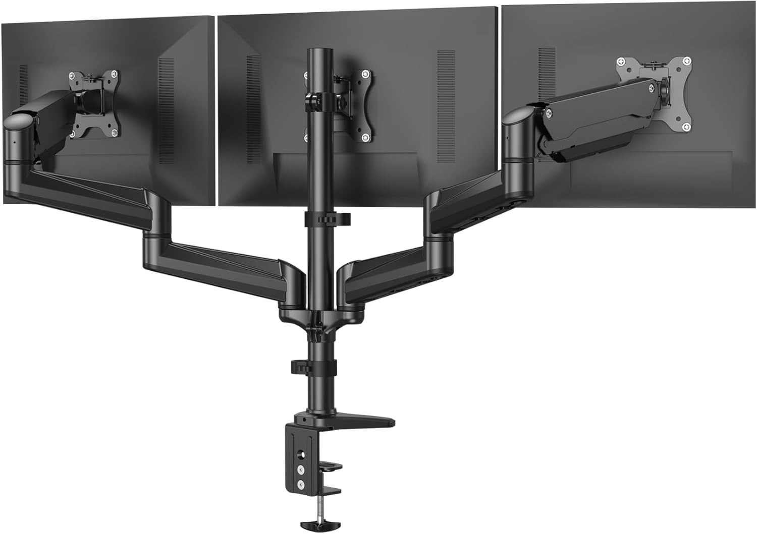 Triple Monitor Stand - Height Adjustable Pneumatic Spring Monitor Mount Arm, Fits 3 Computer Screens 17 to 32 inch with Clamp/Grommet Mounting Base, Each Arm Holds up to 17.6 lbs, Black