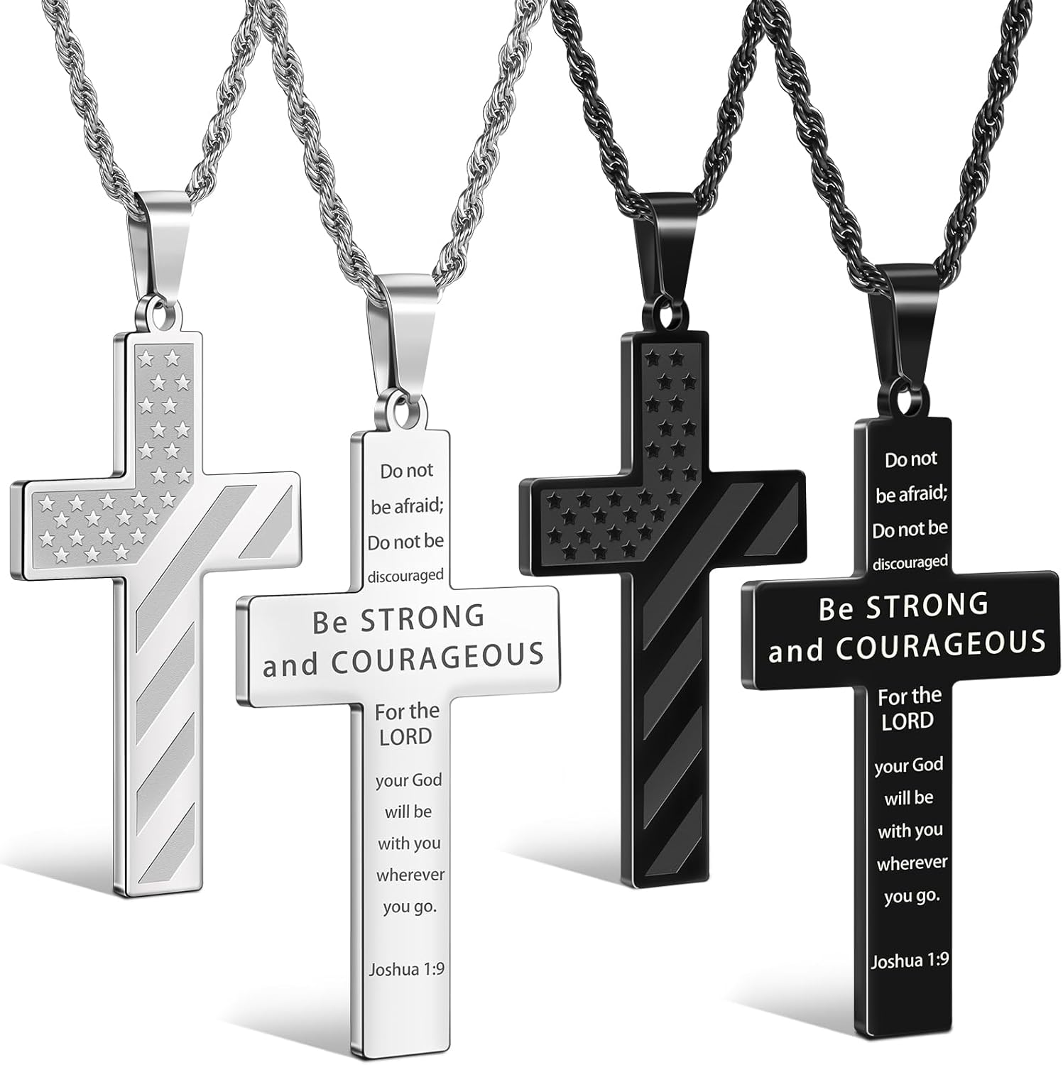 2Pcs Valentines Day Gifts Cross Necklace for Men Boys, Bible Verse Stainless Steel Silver Black American Flag Chains for Men Pendant Jewelry Box