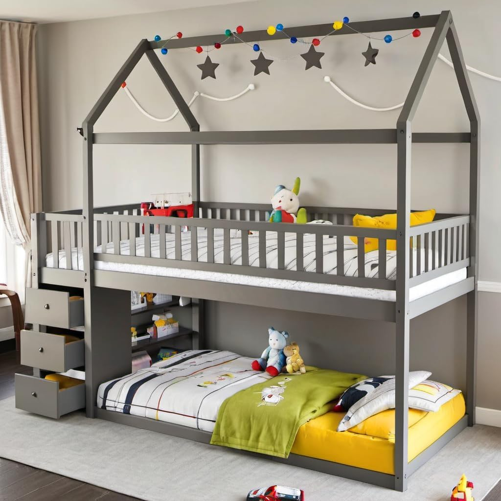 Twin over Twin House Bunk Bed with Drawer and Storage Shelves & Guardrails for Kids,Girls,Boys Bedroom,Large Space under the Loft Bed Frame,Grey