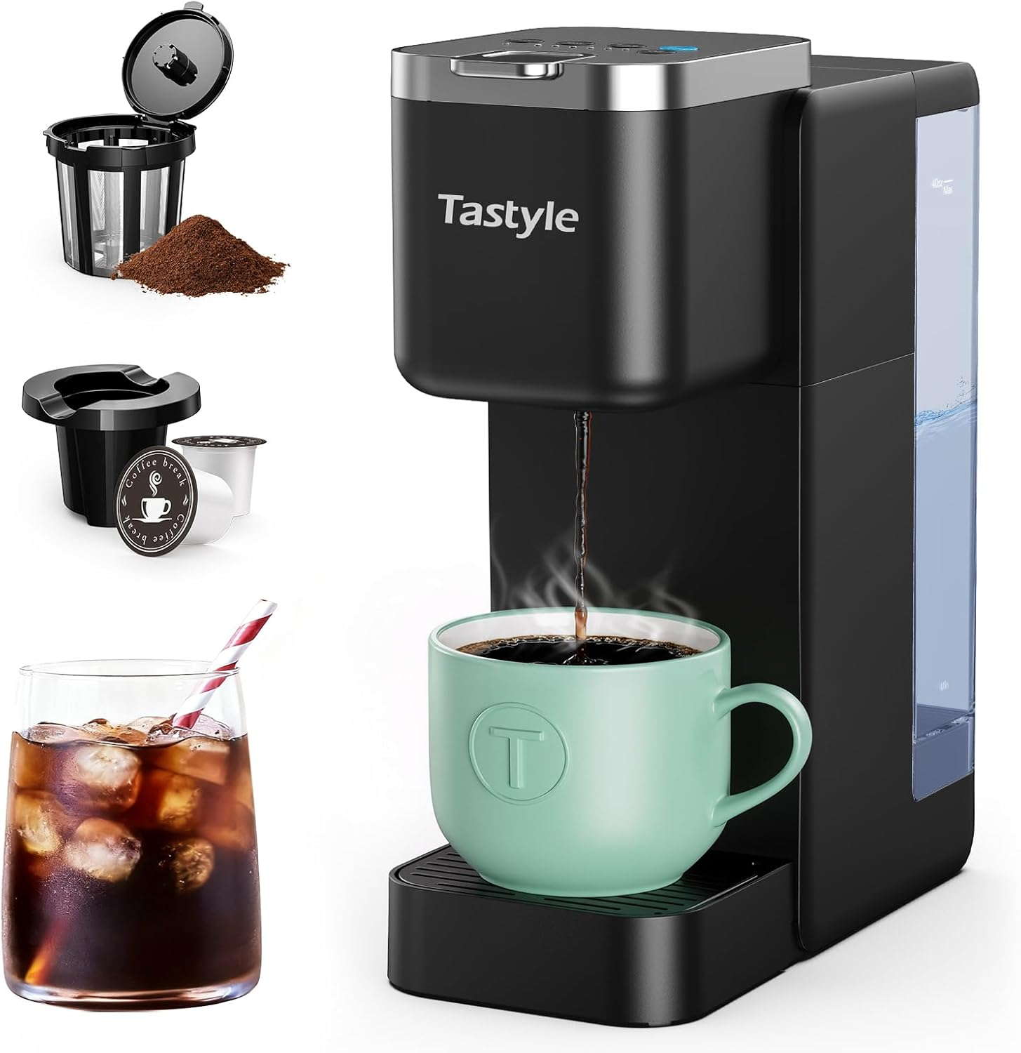 Single Serve Coffee Maker, Iced and Hot Coffee Machine for K Cup & Grounds, Compact Design, 40Oz Removable Water Reservoir, 6 to 24 Oz Brew Sizes, Fits 7.3