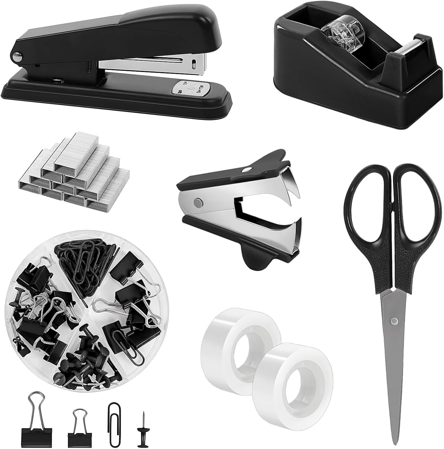 Black Office Supplies Set, Black Desk Accessories, Stapler, Tape Dispenser, Scissors, Binder/Paper Clips and 1000Pcs Staples, Desk Supplies Set