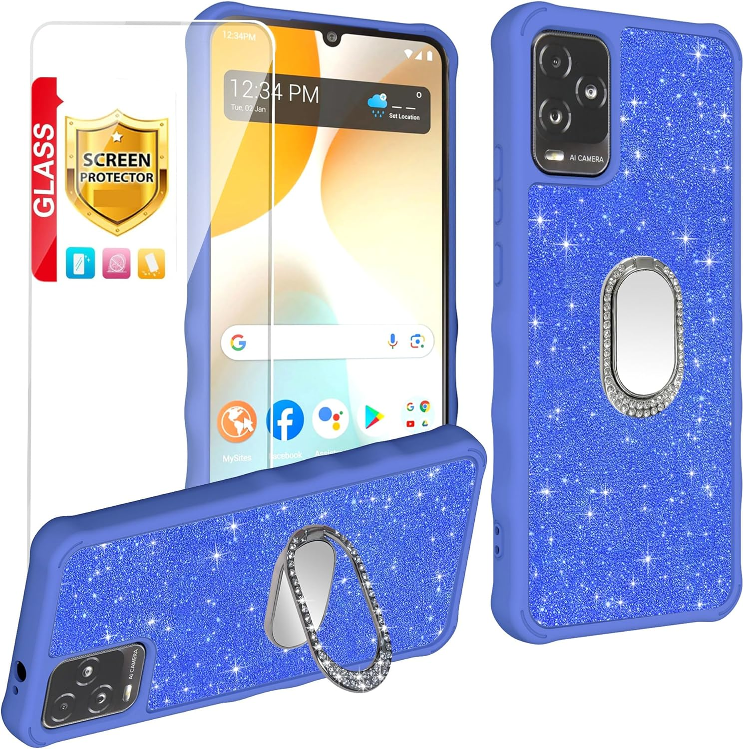For BLU View 5 Pro Case with Tempered Glass Screen Protectormirror Ringglitte...