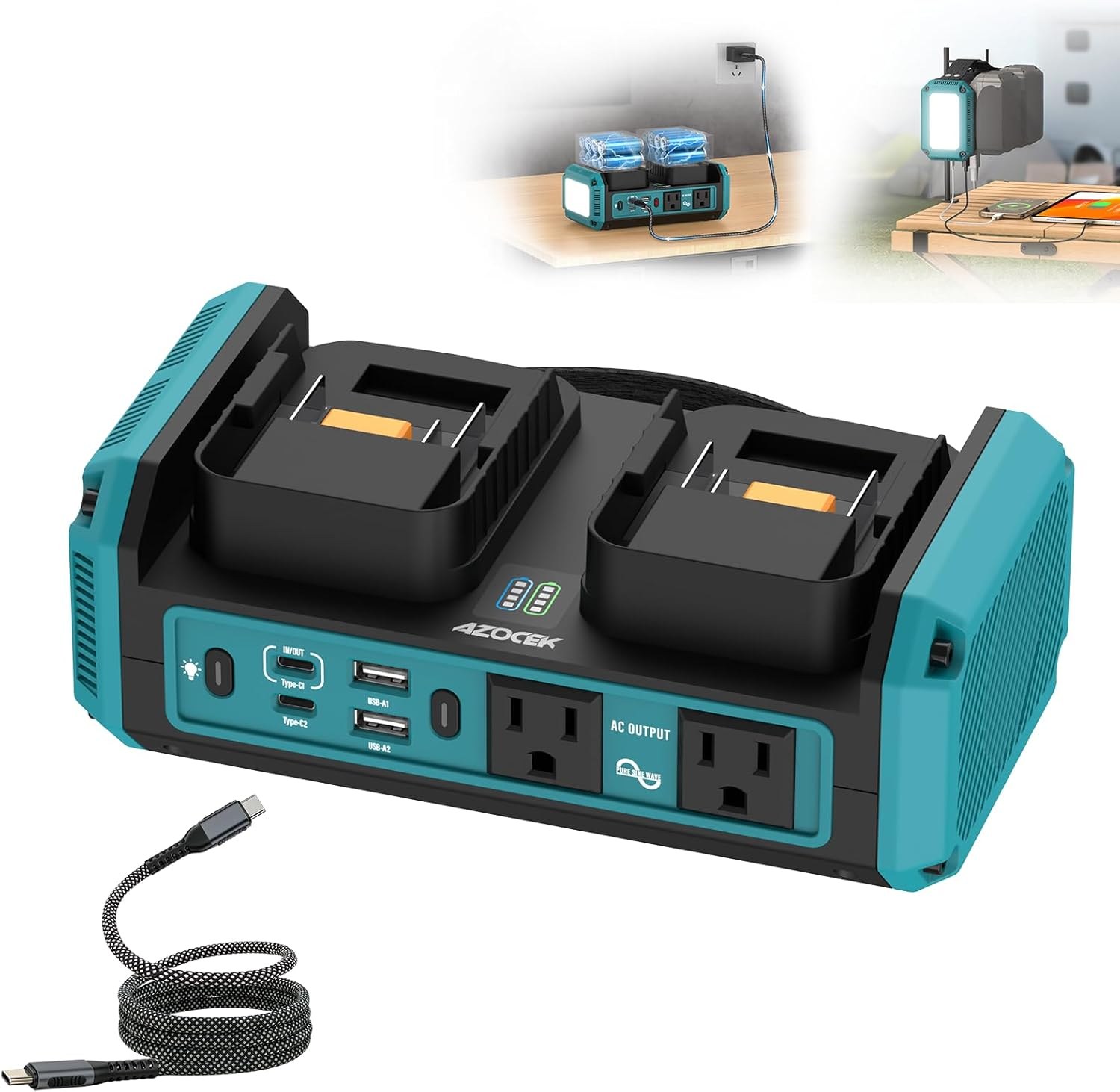 350W Power Inverter Pure Sine Wave Compatible with Makita 18V Battery (No Battery), 7A Fast Charger, Portable Power Station with 2 AC Outlets, 2 Type-C (140W/65W), 2 QC USB Ports, 600LM LED
