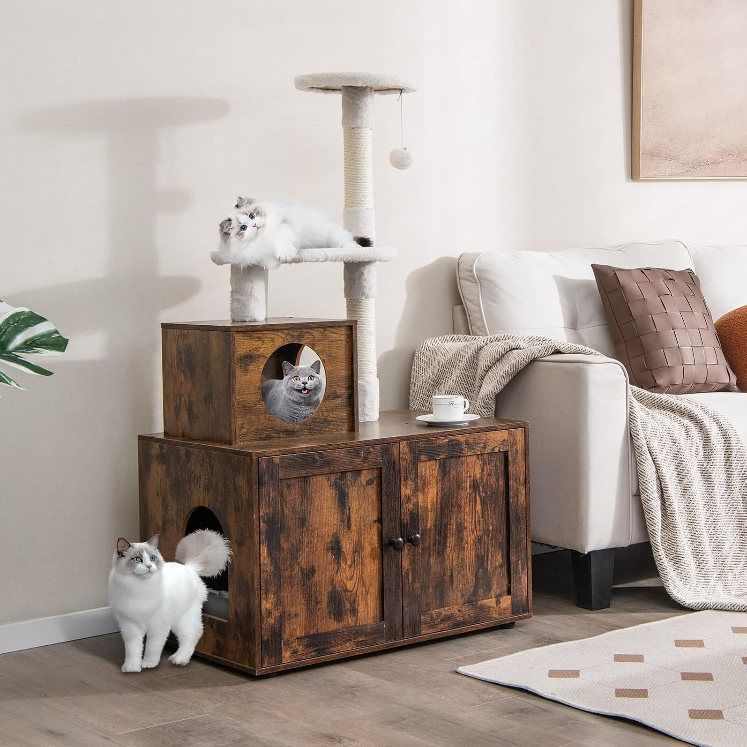 Costway Cat Tree with Litter Box Enclosure, 2-in-1 Modern Cat Tower with Cat ... - Picture 3 of 14
