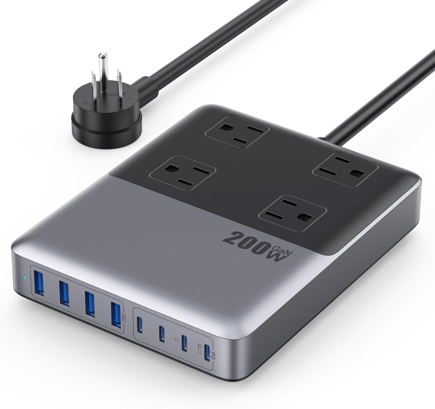 12-In-1 Charging Station USB C Power Strip with 5Ft Cord and Plug,200W Gan IV USB C Charger Block,4 AC Outlets,4 USB-A,4 USB-C for Macbook,Iphone 16/15/14,Fast Charging Desktop Charger for Office,Home