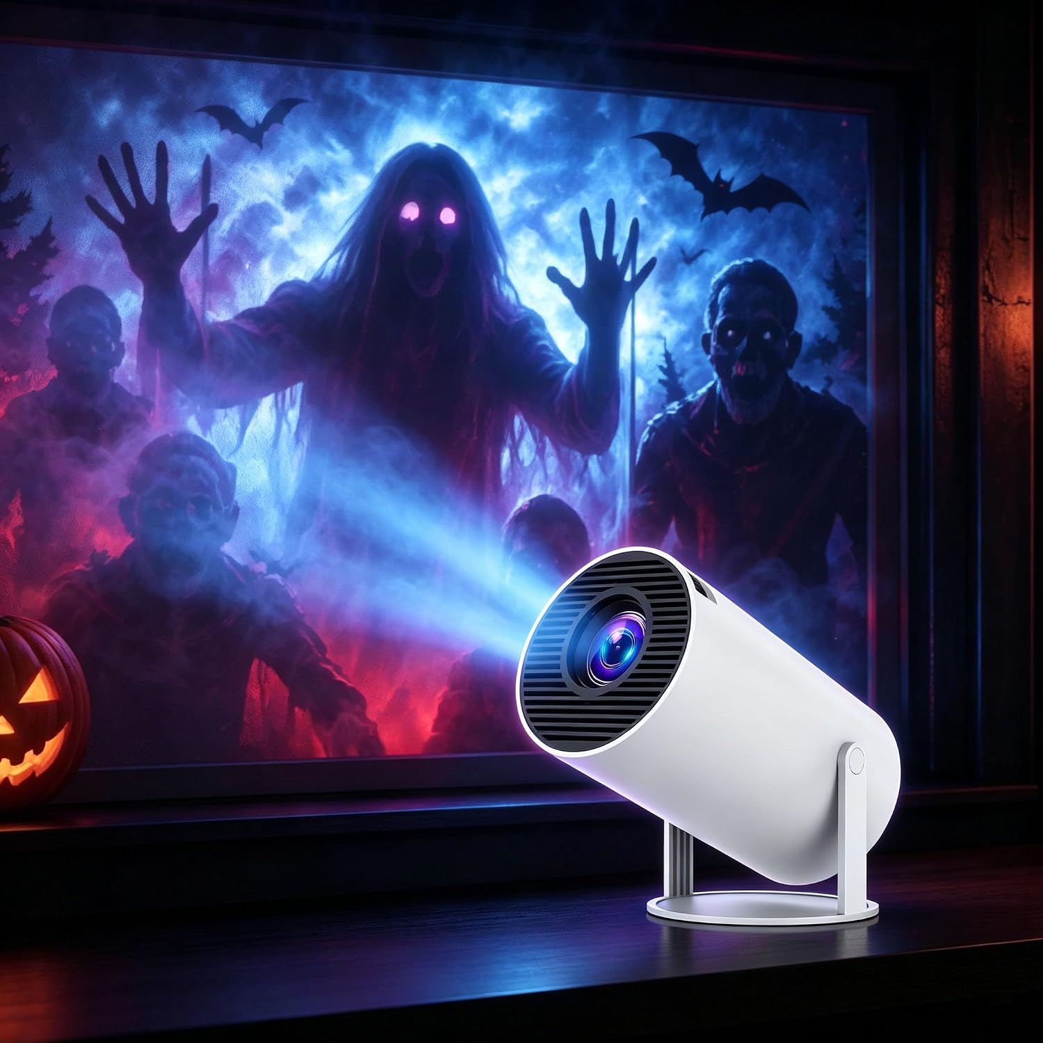 Halloween Window Projector, Pane Fright Halloween Projector with 40 Scenes, Phone & USB Playback,180° Rotating Lens, Screen Mirroring, HDMI/USB for Haunted House Indoor Window Display,White