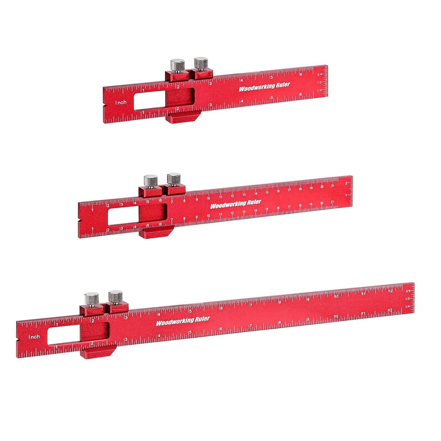 3PCS Woodworking Ruler Set, Precision Pocket Ruler with Adjustable Slide Stop, Aluminum Alloy Measuring Tool for Marking & Scribing, Metal T-Track Square Rulers, Inch and Metric (6