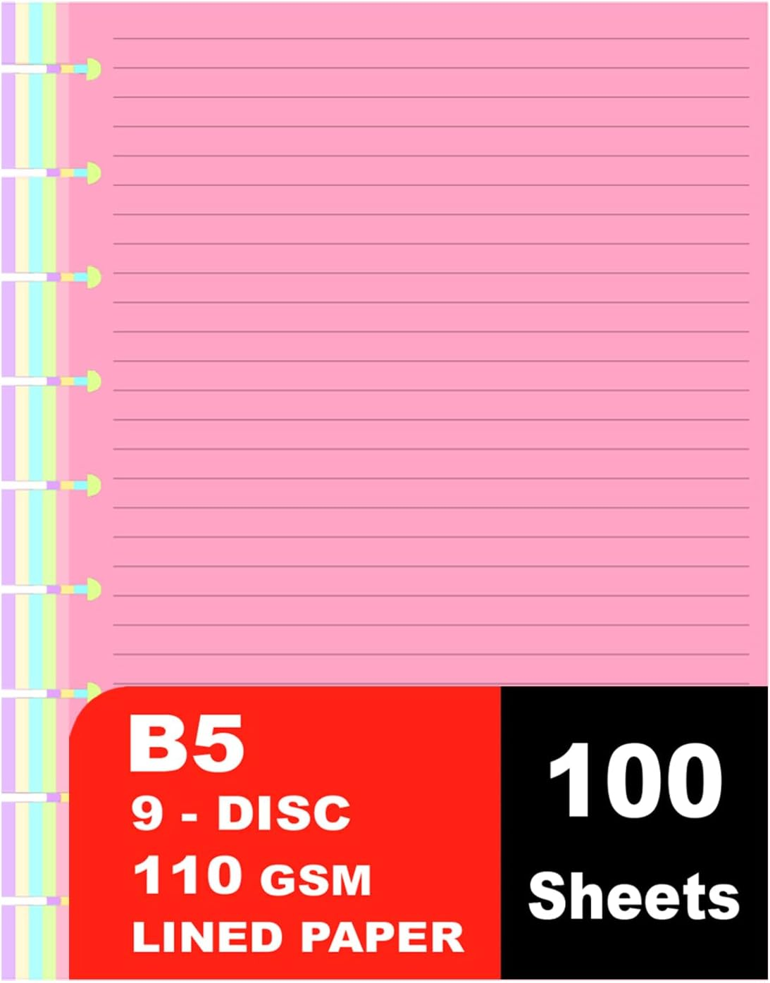 9 Disc Lined Refills for Happy Planner, 110 Gsm Loose-Leaf Disc Bound Inserts, 5-Color (Per Color 20 Sheets/40 Pages) Planner Refills Paper, 100 Sheets/200 Pages, Classic Size 7 X 9.25 Inch