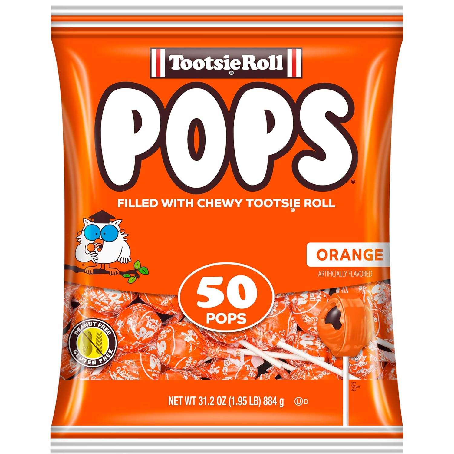 Tootsie Pops Single Flavor Bag - Orange Flavored Lollipops with Chocolatey Center - Individually Wrapped Hard Candy - Orange Candy - Peanut Free, Gluten Free, 50 Count (Pack of 1)